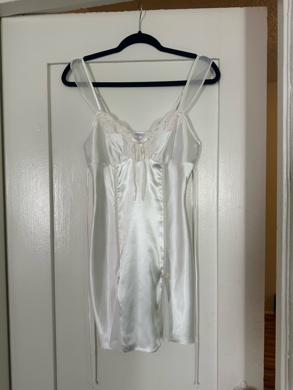 White Satin Slip Dress with Lace Trim and bow details